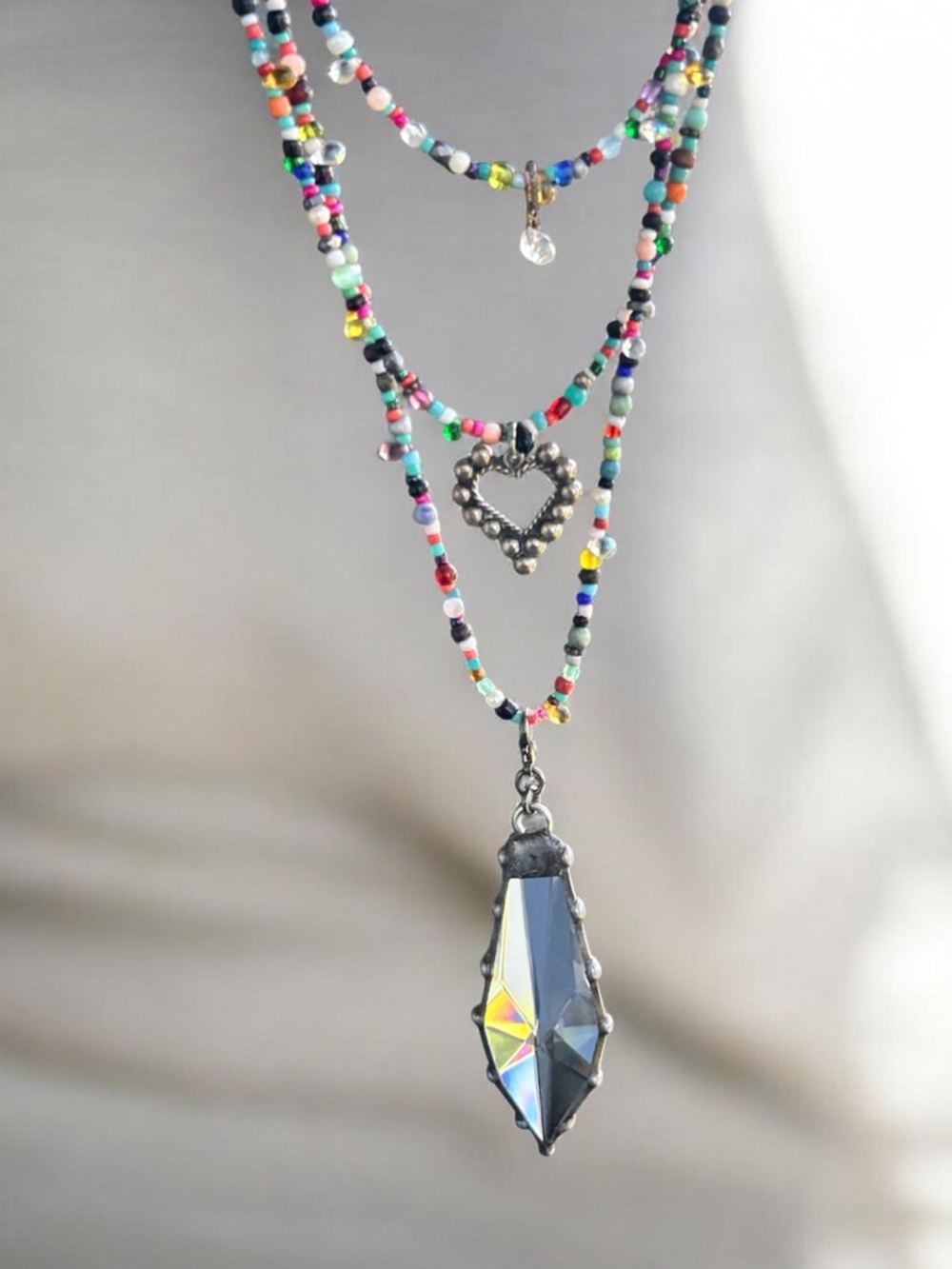 Handmade Multi-Color Beaded Layered Necklace-Sterling heart -Crystal Pendant